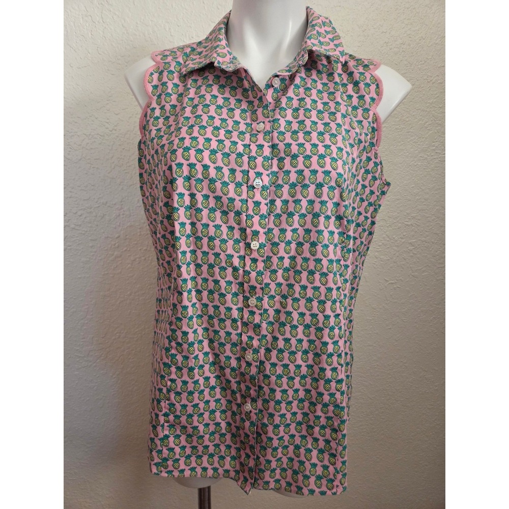 Talbots Petites Pink Pineapple Print Sleeveless Button Down Shirt Scallop 12P